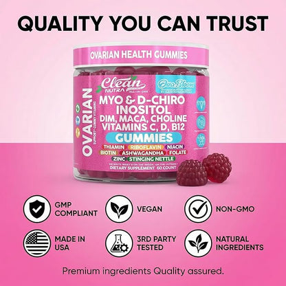 OVA Bloom Ovarian Support Gummies Myo Inositol D-Chiro Inositol Choline Flax Biotin Riboflavin Thiamin Niacin Ashwagandha DIM Maca Root Vitamin C D3 B12 Zinc 60 Count By Clean Nutra