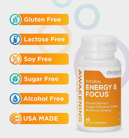 Awakening Natural Energy & Focus Supplement with Panax Ginseng, Guarana Extract & Chromium Picolinate | Brain Supplement for Focus, Energy, Mood & Clarity | Gluten Free Veggie, USA - 60 Caps
