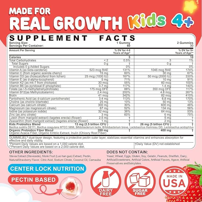 Kids Multivitamin Gummies + Calcium, Probiotics, Vitamin D3, C, Methylated B12 & Methylfolate, B6, A, K2, E, Zinc, Prebiotics for Children Ages 4+, Clean & Sugar Free, for Nutritional Support, 120 Cts