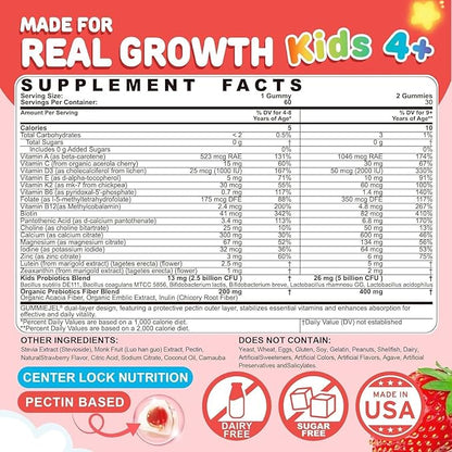 Kids Multivitamin Gummies + Calcium, Probiotics, Vitamin D3, C, Methylated B12 & Methylfolate, B6, A, K2, E, Zinc, Prebiotics for Children Ages 4+, Clean & Sugar Free, for Nutritional Support, 120 Cts