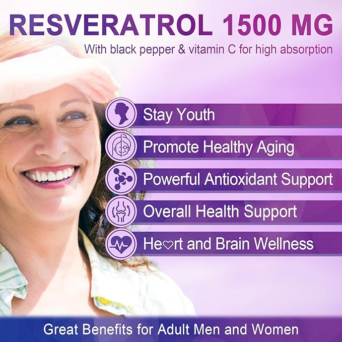 Resveratrol Supplement 1500mg - Resveratrol Gummies Supports NAD⁺, NMN & NMNH Synergy, with Quercetin, Grape Seed, Acai Berries Extracts for Antioxidant, Healthy Aging & longevity, Skin, Brain - 2Pcs
