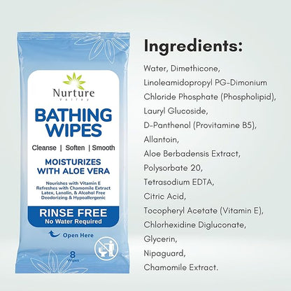 Nurture Rinse Free Bathing Wipes for Adults w/Aloe | Waterless Cleansing for Sensitive Skin | Disposable Adult Body Bath Wet Wipe for Disabled, Bedridden | 192 wipes