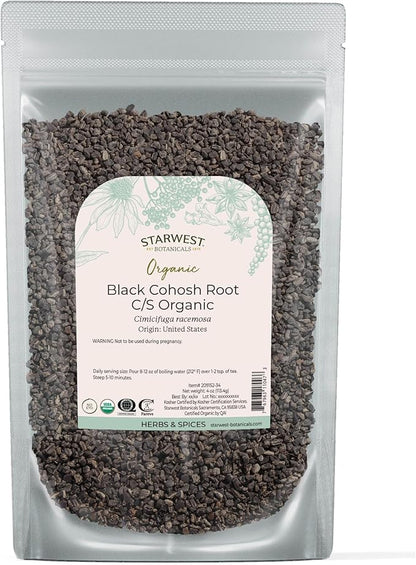 Starwest Botanicals Organic Black Cohosh Root - Dried Loose Herb for Tea, Cut & Sifted, Certified Kosher, Non-GMO - 4 oz Pouch