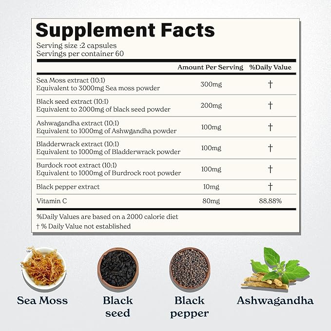 3000mg Iris Sea Moss, 2000mg Black Seed Oil, 1000mg Ashwagandha, 1000mg Burdrock Root, 1000 mg Bladderwrack with Black Pepper & Vitamin C |Vitality & Energy Support | All-in-one supplement| Pack of 2