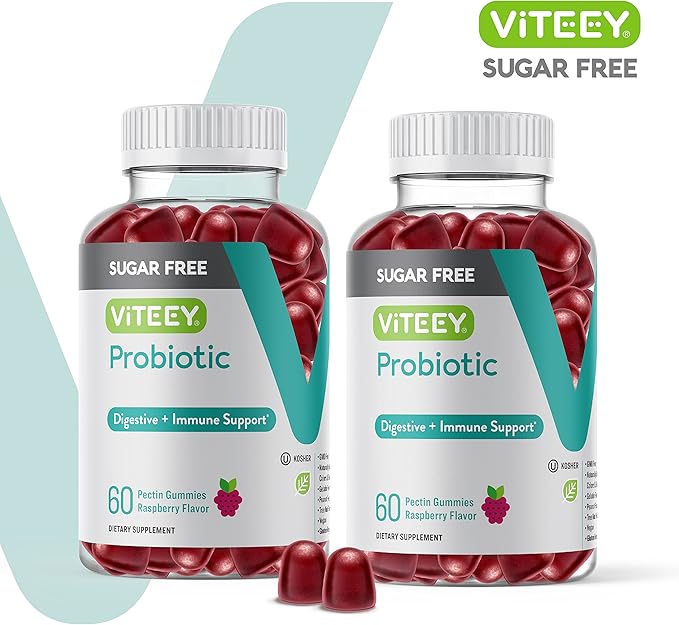 Viteey Probiotic Gummies for Women, Men & Teens, 2 Billion CFUs - Sugar Free - Immune Booster, Digestive Support, Gut Health - Vegan, Gelatin Free, GMO Free - Tasty Chewable Raspberry Flavored Gummy