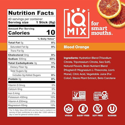 IQMIX Hydration Electrolyte Powder – 4-in-1 Formula for Hydration, Mental Clarity, Mood and Recovery – Sugar-Free Drink Mix, Keto, Magnesium L-Threonate, Lion’s Mane – 40 Count Blood Orange