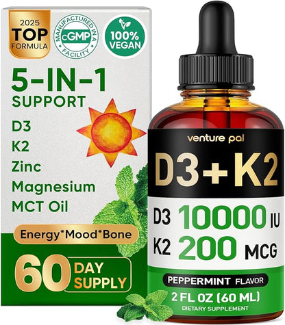 Venture Pal 5-in-1 Vitamin D3 10000 IU & K2 as MK-7 200mcg with Magnesium, MCT Oil, Zinc, Sugar-Free Vitamin D Liquid |Maximum Absorption for Bone, Mood & Immune Health - 2 FL OZ, 64 Days