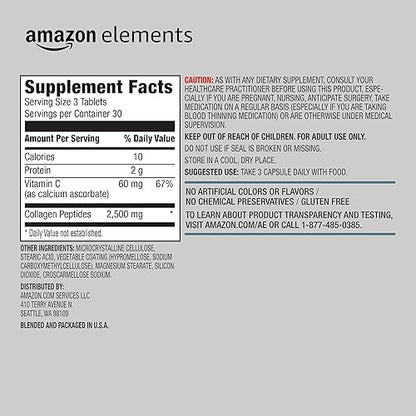 Amazon Elements Collagen Peptides + Vitamin C, 2500mg Collagen Peptides, Gluten Free, 90 Tablets, 1 Month Supply