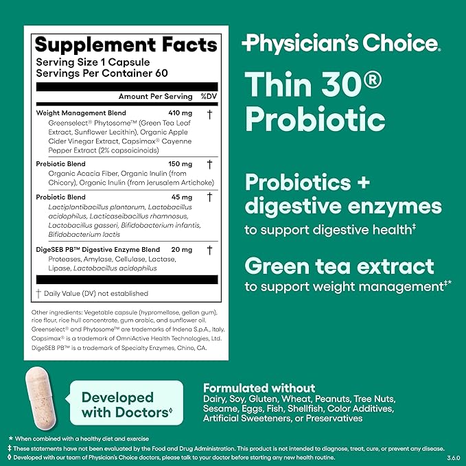 Physician's CHOICE Probiotics for Weight Management & Bloating - 6 Probiotic Strains - Prebiotics - Key ingredient Cayenne - Supports Gut Health - Weight Management for Women & Men - Green Tea - 60 CT