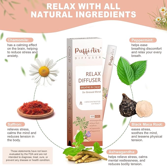 Herbal Diffuser Pen, Relax Diffuser with Chamomile, Peppermint, Saffron, Ashwagandha & Black Maca Root for Breathing in Calm, All Natural Swap - Up to 600 Uses (Varies by Usage), 1 Diffuser, 1 Pack