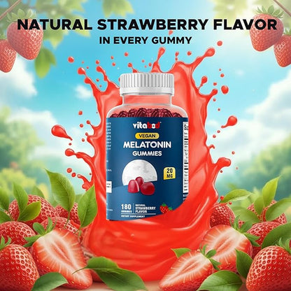Vitabod Melatonin 20mg Gummies - 180 Count - Drug Free - Natural Strawberry Flavor - Vegetarian, Non-GMO, Gluten Free (3 Bottles)