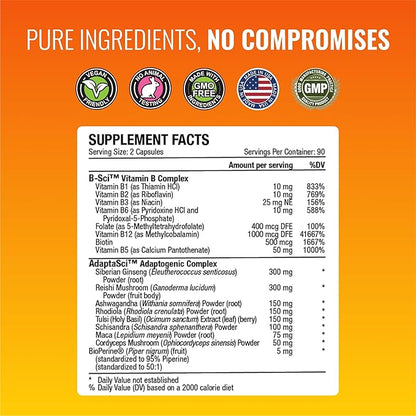 Approved Science Energysyl - Caffeine Free - with Adaptogens, B Vitamins, Bioperine - 360 Capsules - 6 Month Supply