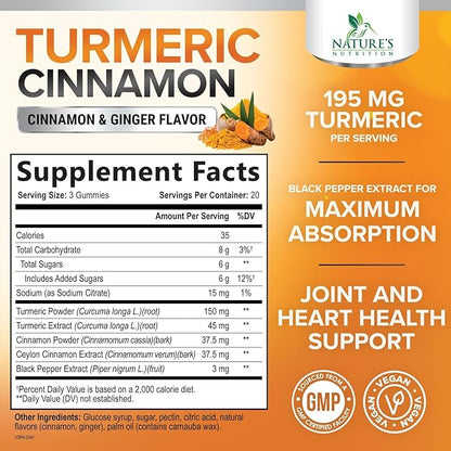 Turmeric Curcumin Supplement Gummies - 95% Curcuminoids with Turmeric Ginger, Black Pepper for Best Absorption, Nature's Vegan Joint Support, Non-GMO, Gluten Free, Tasty Cinnamon Flavor - 60 Gummies