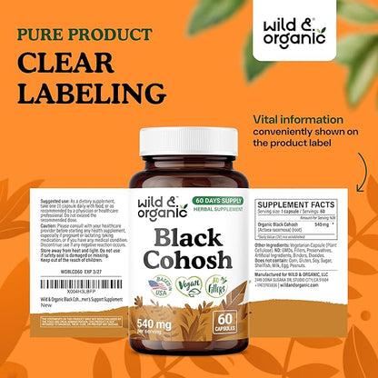 Wild & Organic Black Cohosh Capsules 540 mg - Menopause Supplements for Women - Black Cohosh Root Supplement - Actaea Racemosa Herb - 60 Days of Supply - Vegan, No Fillers, Non-GMO - 60 Count