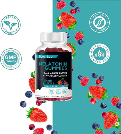 BionerLab Melatonin Gummies (30mg) Enhanced with L-theanine & Vitamin B6 for Adult Women Men - Extra Strength Chewables Calm Gummy - Gluten Free