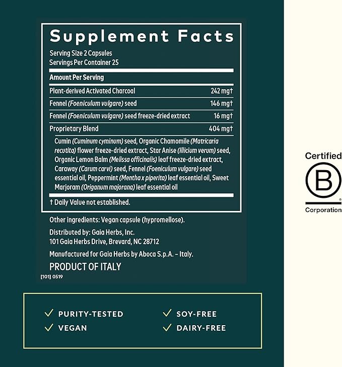 Gaia Herbs Gas & Bloating - Provides Relief from Occasional Gas & Bloating* - with Activated Charcoal, Fennel & Chamomile - 50 Vegan Capsules (25 Servings)
