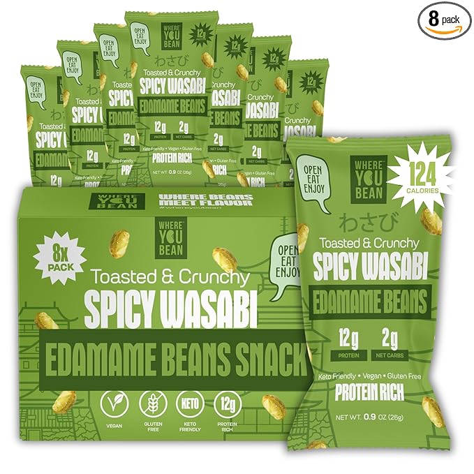 Where You Bean Edamame Beans Snack (Spicy Wasabi) - Crunchy and Dry Roasted Edamame Beans - High Protein Snacks, Keto and Vegan Healthy Snacks for Adults & Low Carb Asian Snack 0.9 oz (Pack of 8)