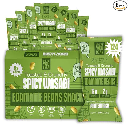 Where You Bean Edamame Beans Snack (Spicy Wasabi) - Crunchy and Dry Roasted Edamame Beans - High Protein Snacks, Keto and Vegan Healthy Snacks for Adults & Low Carb Asian Snack 0.9 oz (Pack of 8)
