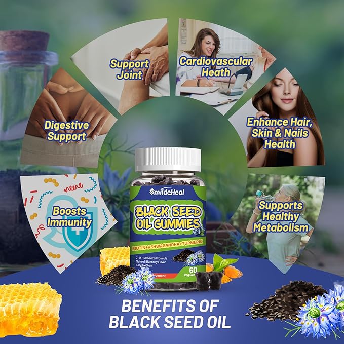 2 Pack Black Seed Oil Gummies, Organic Black Cumin Seed Oil Gummies, Black Cumin Seed Oil Organic 500mg, Chewable Black Seed and Honey Gummies, Vegan, 120 Gummies