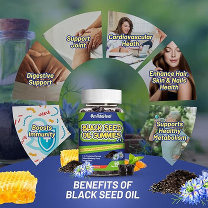 2 Pack Black Seed Oil Gummies, Organic Black Cumin Seed Oil Gummies, Black Cumin Seed Oil Organic 500mg, Chewable Black Seed and Honey Gummies, Vegan, 120 Gummies