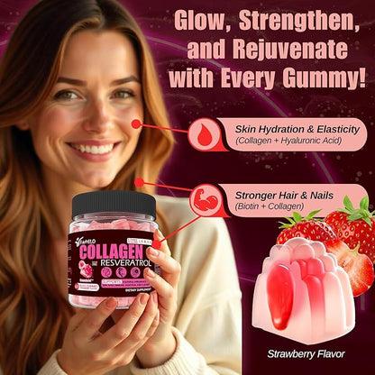 Multi Collagen Gummies Hydrolyzed Type I, II, III, V, X Plus Resveratrol Hyaluronic Acid & Biotin Gummies for Hair Skin and Nails Vitamins | Multi Collagen Peptides | Sugar Free