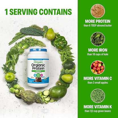 Orgain Organic Vegan Protein Powder + Greens, Creamy Chocolate Fudge - 21g Plant Based Protein, Gluten Free, Dairy & Lactose Free, Soy Free, No Sugar Added, Iron & Prebiotics for Gut Health - 1.94lb