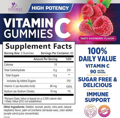 Vitamin C Gummies - 100% of Daily Vitamin C & Sugar Free - Immune Support with Powerful Antioxidants - Nature's Vegan VitaminC Dietary Supplement - Raspberry Flavor for Kids & Adults - 120 Gummies