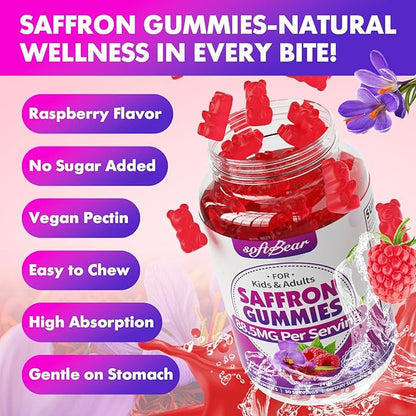 softbear Saffron Gummies for Kids & Adults, 10-in-1 Organic Saffron Supplements with 88.5mg Saffron Extract Support Calm Mind & Focus & Zzz, Sugar Free/Non-GMO, Raspberry Flavor 60 Count