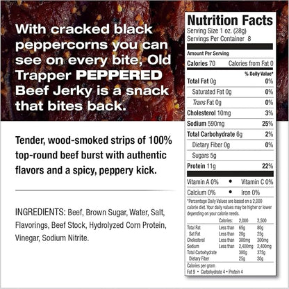 Old Trapper Beef Jerky, Peppered 8 Ounce Pack, Spicy Meat Snacks for Lunches or Between Meals, 11 Grams of Protein, Zero Grams of Fat, and 70 Calories per Serving (Pack of One)
