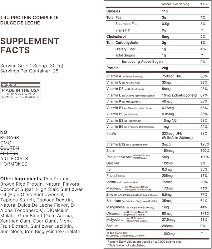 TRU Supplements Plant Based Protein Powder, BCAA, EAA, 20g Vegan Brown Rice & Pea Protein, 100 Calories, 27 Vitamins, No Artificial Flavors 25 Servings 25 Servings (Dulce De Leche)