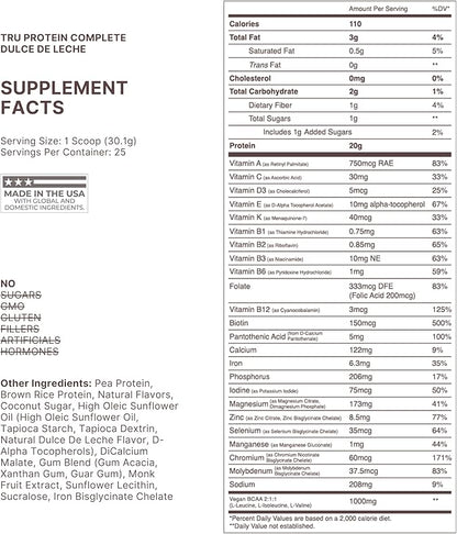 TRU Supplements Plant Based Protein Powder, BCAA, EAA, 20g Vegan Brown Rice & Pea Protein, 100 Calories, 27 Vitamins, No Artificial Flavors 25 Servings 25 Servings (Dulce De Leche)