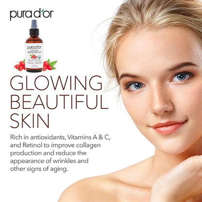 PURA D'OR 4 Oz ORGANIC Rosehip Seed Oil - 100% Pure Cold Pressed USDA Certified Anti-Aging Treatment - Vitamin A & C Rich - Helps Fade Appearance of Scars & Stretch Marks - For Face, Hair & Body