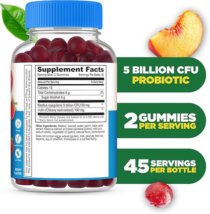 Lifeable Sugar Free Probiotics with Prebiotics Fiber – Great Tasting Natural Flavor Gummy Supplement – Keto Friendly Chewable – for Gut Health and Immune Support – for Adults, Man, Women – 90 Gummies