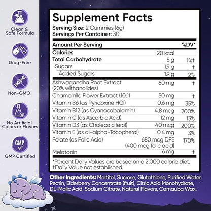 Sleep Gummies for Adults with Melatonin + Chamomile & Ashwagandha | Elderberry + Vitamins C, D3, B6, B12 & Folate | Vegan, Gluten-Free | 60 Gummies (30 Servings)
