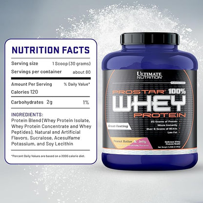 Ultimate Nutrition Prostar Whey Protein Powder Isolate, Peanut Butter & Jelly - Low Carb, High Protein Powder Shake for Muscle Gain & Recovery - Low Sodium, Low-Fat & Keto Friendly - 5.28 lbs Tub