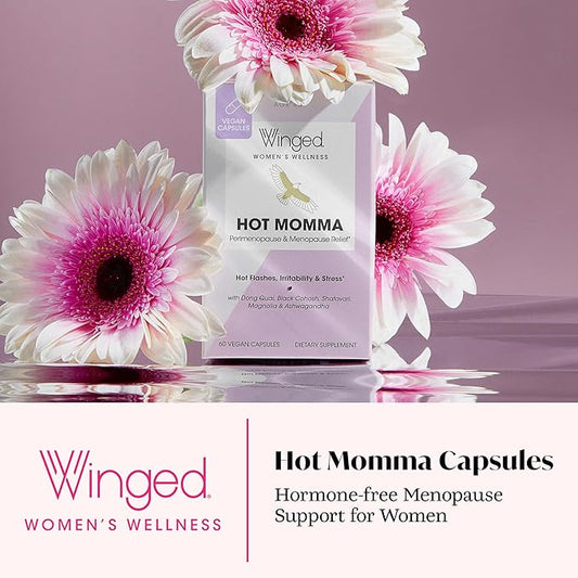 Winged Wellness Hot Momma Menopause Supplements for Women - Hormone-Free Menopause Relief Support for Hot Flashes & Night Sweats with Chaste Tree Berry, Multivitamins & Shatavari - 60 Vegan Capsules