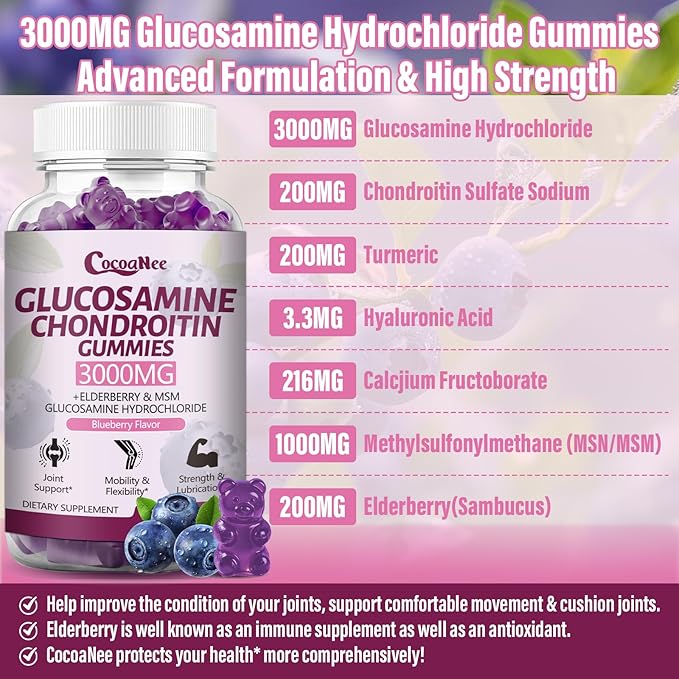 3000MG 1 Pack Glucosamine Chondroitin Gummies, Extra Strength Joint Support Supplement with MSM & Elderberry, Flexibility, Antioxidant Immune Support Gummy for Adults, Men & Women 60Cts