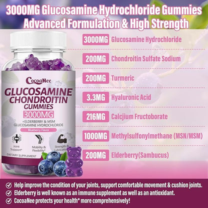 3000MG 1 Pack Glucosamine Chondroitin Gummies, Extra Strength Joint Support Supplement with MSM & Elderberry, Flexibility, Antioxidant Immune Support Gummy for Adults, Men & Women 60Cts
