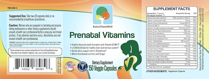 Raise Them Well Prenatal Multivitamin with Methylfolate, K2 MK-7, Glutathione & Iron, Physician Developed, Non-GMO, Supports Healthy Pregnancy, Brain & Bone Development, 150 Veggie Capsules