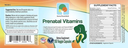 Raise Them Well Prenatal Multivitamin with Methylfolate, K2 MK-7, Glutathione & Iron, Physician Developed, Non-GMO, Supports Healthy Pregnancy, Brain & Bone Development, 150 Veggie Capsules