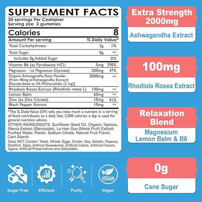 Ashwagandha Gummies, Magnesium Glycinate Gummies 2000mg for Adults, Vitamin B6, Zinc, Rhodiola Rosea, Lemon Balm, Relaxation Support, Natural Zzz, Brain, Muscle, Stamina, Energy, Sugar Free