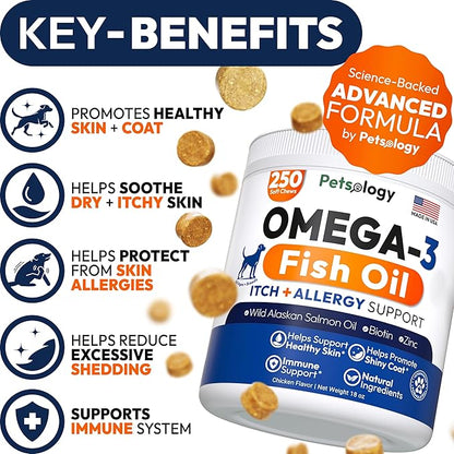 Omega 3 for Dogs - 250 Fish Oil Chews for Dog Shedding, Allergy & Itch Relief, Hot Spot Treatment - Advanced Skin & Coat Supplement - Joint Health - EPA & DHA Fatty Acids - Salmon Oil & Probiotics