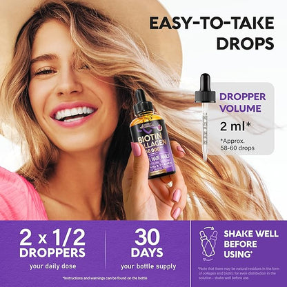 Liquid Biotin & Collagen 60,000 mcg - Vitamins for Hair Growth Support - Extra Strength Drops for Women & Men - Liquid Collagen Supplement - Strong Nails & Healthy Skin - Made in USA - 2 Fl Oz