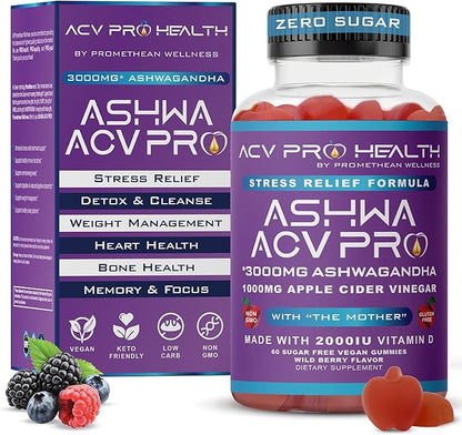 Ashwa ACV Pro Health - Sugar Free Apple Cider Vinegar Gummies with Ashwagandha, Advanced Keto, Stress Relief Supplements with Vitamin D, 1g Carbs Per Gummy (60 Count)