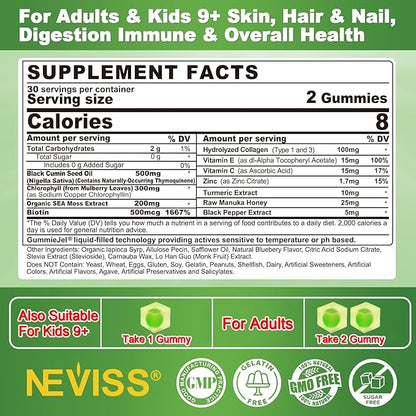 Black Seed Oil Gummies for Adults & Kids 9+, Chlorophyll & Sea Moss Supplement, Biotin with Hydrolyzed Collagen for Skin, Hair & Nails, Vit E, C, Zinc for Immune, Overall Health, Organic Cold Pressed