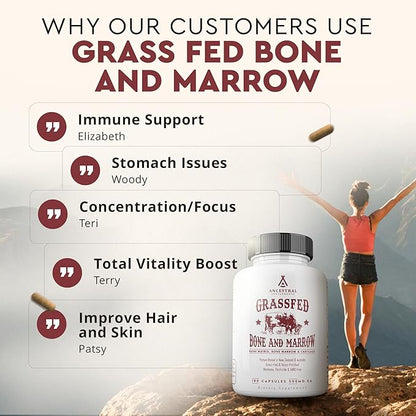 Ancestral Supplements Grass Fed Beef Bone and Marrow Supplement, 3000mg, Skin, Oral Health, and Joint Support Supplement, Promotes Whole-Body Wellness, Non GMO Whole Bone Extract, 180 Capsules