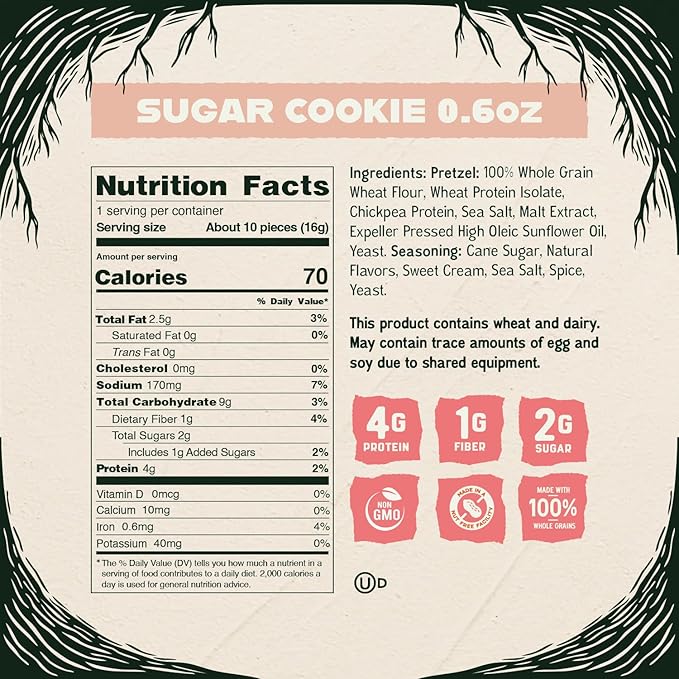 Kindling Protein Pretzels | Protein-Packed Snack Size Bags | Kosher | 8-9g Protein Per Serving | No Artificial Flavors, Soy-Free | Lunches, Office Snacks, & On-the-Go 0.6 Ounce (Pack of 30), Sugar Cookie