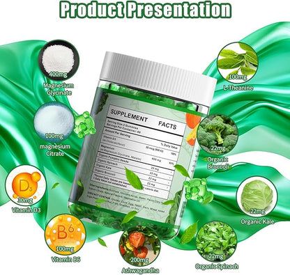 Magnesium Glycinate Gummies 400mg Supplements with Magnesium Malate & Taurate | Vitamin D3 Spinach | Kale | Broccoli
