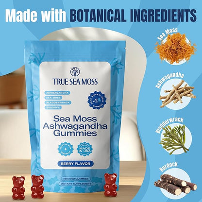 TrueSeaMoss Ashwagandha Gummies for Women & Men – Vegan Formula with Sea Moss, Bladderwrack & Burdock Root – 60 Gummies (Pouch May Vary)