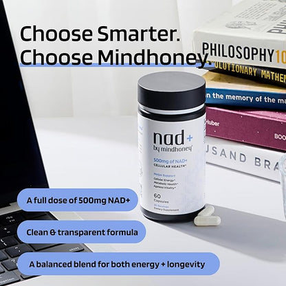 MINDHONEY | NAD+ Brain Supplement | 500mg NAD+ Premium Formula | Healthy Anti-Aging, Cellular Energy, Cognition, Metabolic Health, Heart + Muscle Support | Vegan, Non-GMO, Gluten-Free | 30 Servings